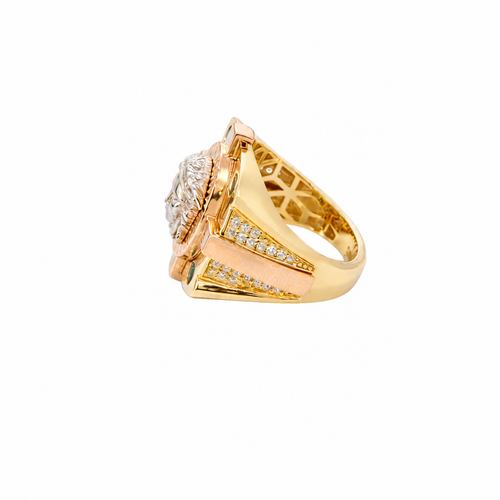 14KT Gold Ring Men's Tri Tone Raised Square/Oval Medusa Portrait with Sunray Background and Corner Design One Green CZ Stone in Each Corner Band Design Double Row White CZ Stone Interlocking Top/Side Cross