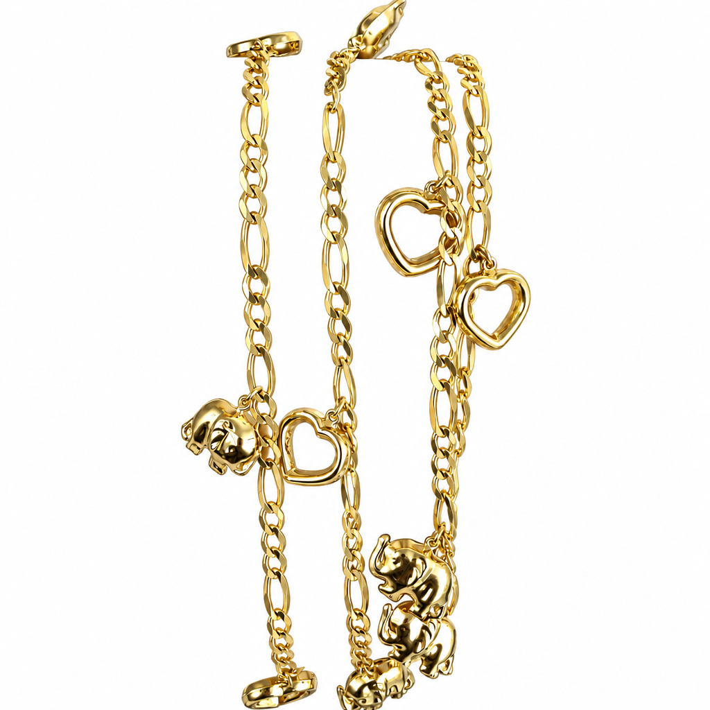 14KT Gold Hollow Plain Figaro Anklet with Puff Elephant and Open Puff Heart Charms 3.5mm