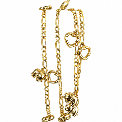14KT Gold Hollow Plain Figaro Anklet with Puff Elephant and Open Puff Heart Charms 3.5mm
