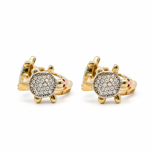 14KT Gold Earring Medium White CZ Stones Turtle Center with Red CZ Eyes and Plain Feet Huggie