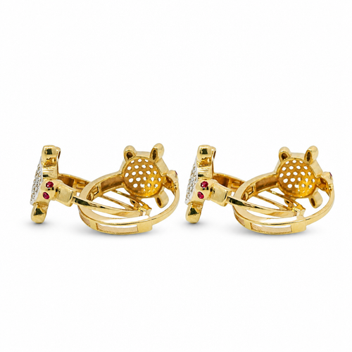 14KT Gold Earring Medium White CZ Stones Turtle Center with Red CZ Eyes and Plain Feet Huggie