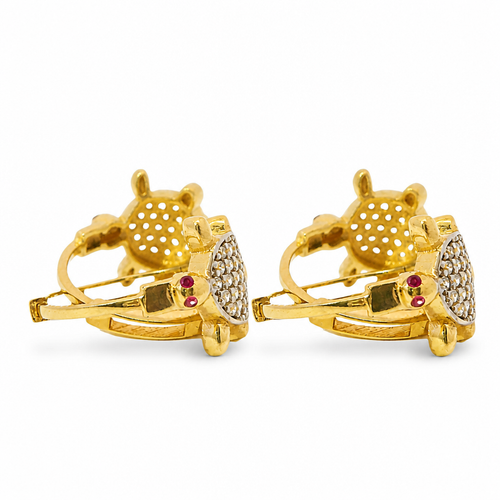 14KT Gold Earring Medium White CZ Stones Turtle Center with Red CZ Eyes and Plain Feet Huggie