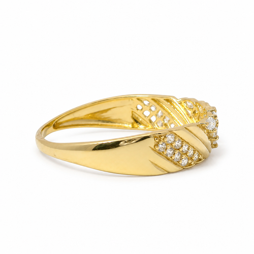 14KT Gold Ring Women's Light Weight White CZ Stone Pear / Marquise Snowflake Center with White CZ Stone V Stripe Band
