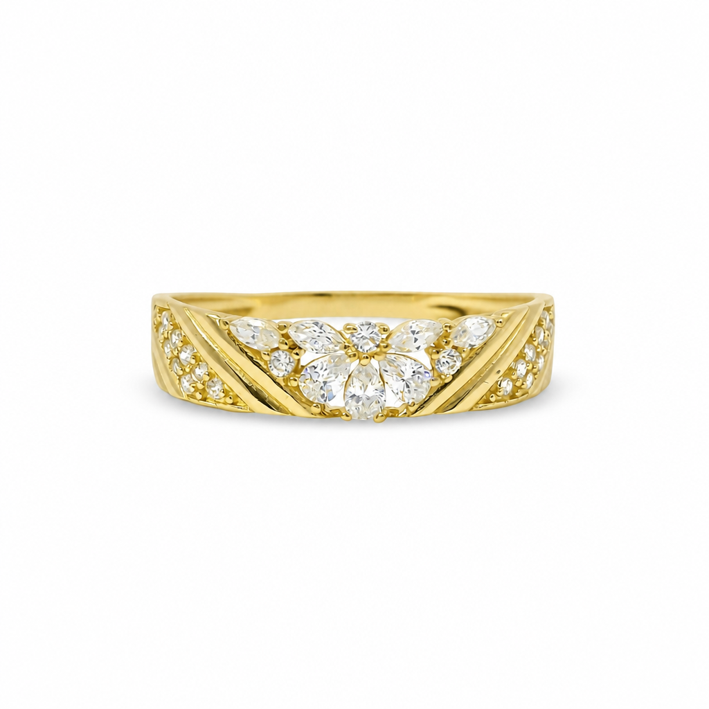 14KT Gold Ring Women's Light Weight White CZ Stone Pear / Marquise Snowflake Center with White CZ Stone V Stripe Band