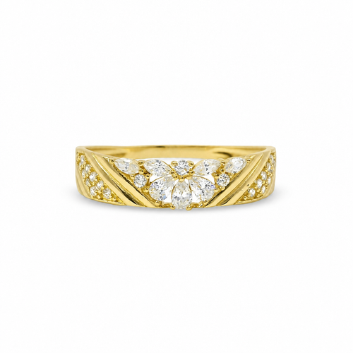 14KT Gold Ring Women's Light Weight White CZ Stone Pear / Marquise Snowflake Center with White CZ Stone V Stripe Band