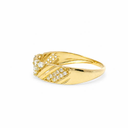 14KT Gold Ring Women's Light Weight White CZ Stone Pear / Marquise Snowflake Center with White CZ Stone V Stripe Band