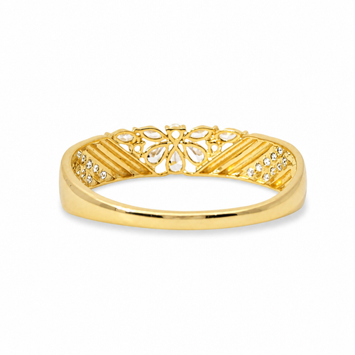 14KT Gold Ring Women's Light Weight White CZ Stone Pear / Marquise Snowflake Center with White CZ Stone V Stripe Band