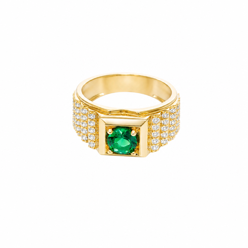 14KT Gold Ring Men's Square Green Round CZ Stone Plain Square Border Side Design Three Tiers of Single Row White CZ Stones Stairs and Triple Row of White CZ Stones Under Stairs