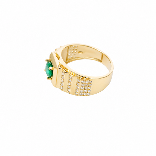 14KT Gold Ring Men's Square Green Round CZ Stone Plain Square Border Side Design Three Tiers of Single Row White CZ Stones Stairs and Triple Row of White CZ Stones Under Stairs