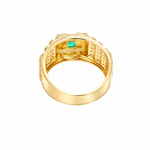 14KT Gold Ring Men's Square Green Round CZ Stone Plain Square Border Side Design Three Tiers of Single Row White CZ Stones Stairs and Triple Row of White CZ Stones Under Stairs