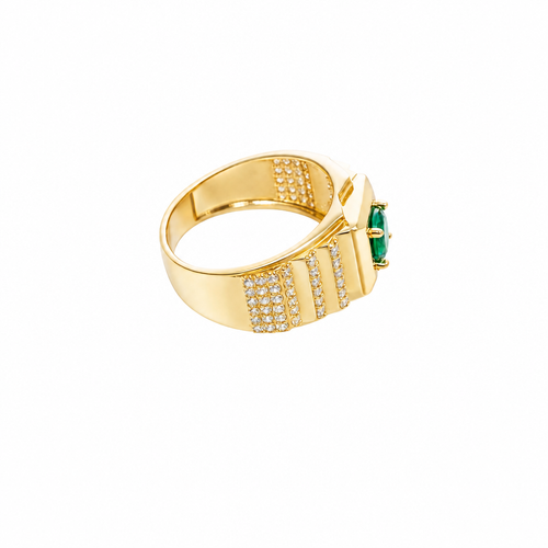 14KT Gold Ring Men's Square Green Round CZ Stone Plain Square Border Side Design Three Tiers of Single Row White CZ Stones Stairs and Triple Row of White CZ Stones Under Stairs