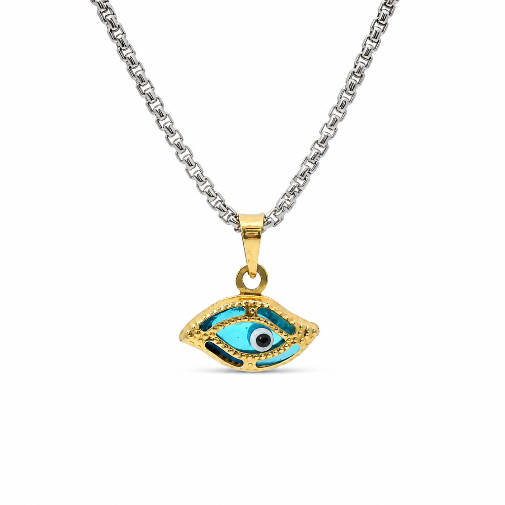 14KT Gold Charm Small 3D Turquoise Evil Eye with Plain Bell