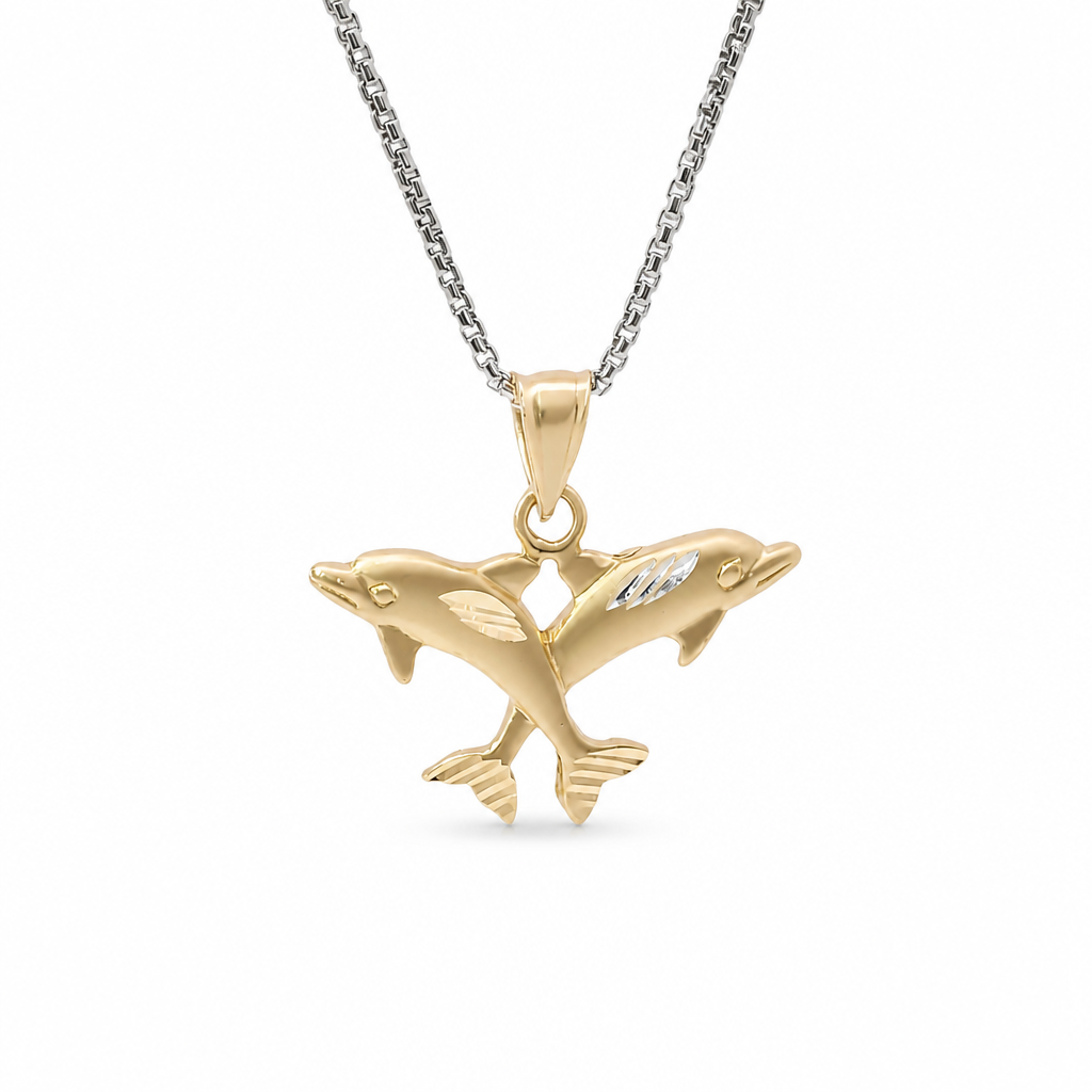 14KT Gold Charm Two Medium Diamond Cut Jumping Dolphins with Plain Bell