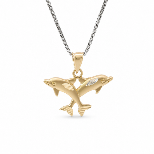 14KT Gold Charm Two Medium Diamond Cut Jumping Dolphins with Plain Bell