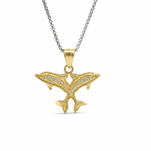 14KT Gold Charm Two Medium Diamond Cut Jumping Dolphins with Plain Bell