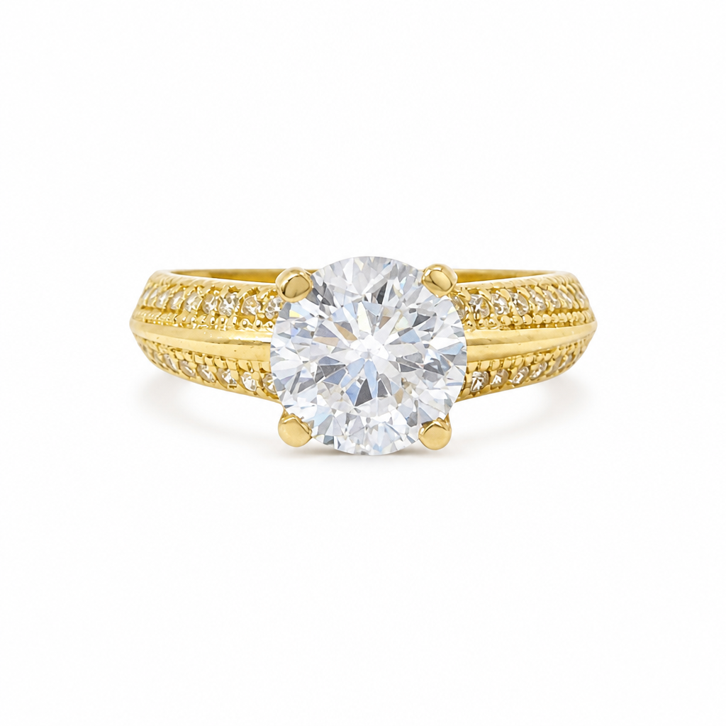 14KT Gold Ring Women's 4 Prong Round Cushion Cut White CZ Stone Solitaire with Double Row of White CZ Stones with Raised Plain Center Line Band