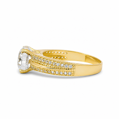 14KT Gold Ring Women's 4 Prong Round Cushion Cut White CZ Stone Solitaire with Double Row of White CZ Stones with Raised Plain Center Line Band