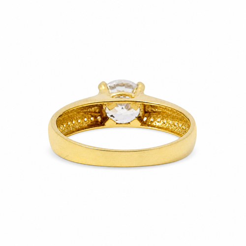 14KT Gold Ring Women's 4 Prong Round Cushion Cut White CZ Stone Solitaire with Double Row of White CZ Stones with Raised Plain Center Line Band
