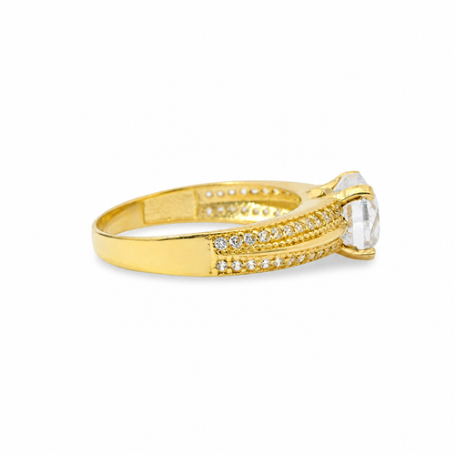 14KT Gold Ring Women's 4 Prong Round Cushion Cut White CZ Stone Solitaire with Double Row of White CZ Stones with Raised Plain Center Line Band