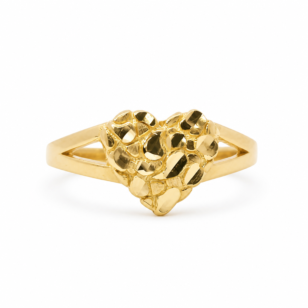 14KT Gold Ring Women's Small Nugget Heart Shape with Plain Split Band