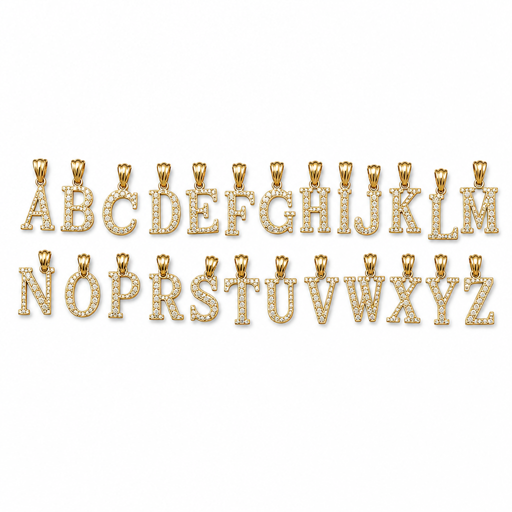 14KT Gold Charm Small Diamond Cut Letter "E" with Plain Bell