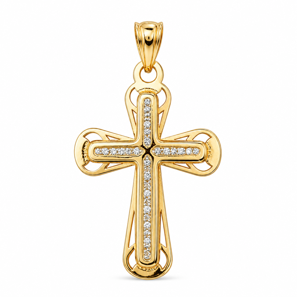 14KT Gold Charm Medium White CZ Stones Cross Center with Plain Open Curved Border and Plain Bell