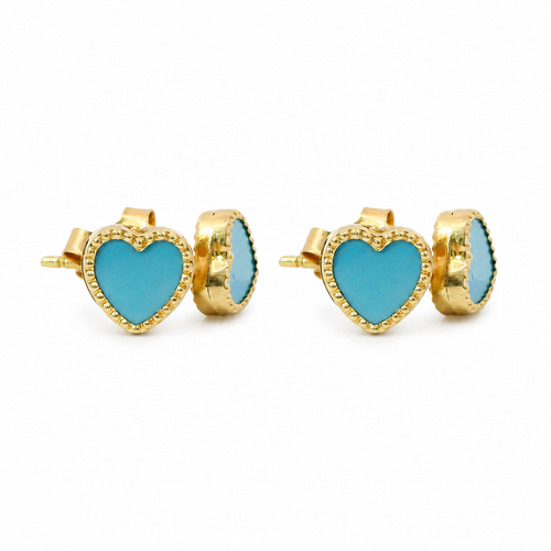 14KT Gold Earrings Extra Small Aqua Blue Heart with Dotted Border with Push Back Post and Butterfly Backs