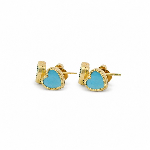 14KT Gold Earrings Extra Small Aqua Blue Heart with Dotted Border with Push Back Post and Butterfly Backs