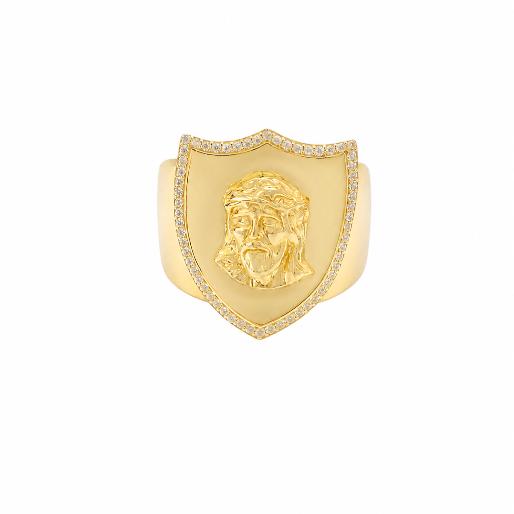 14KT Gold Ring Men's Shield Shape Jesus Portrait with White CZ Stones Border and Plain Border