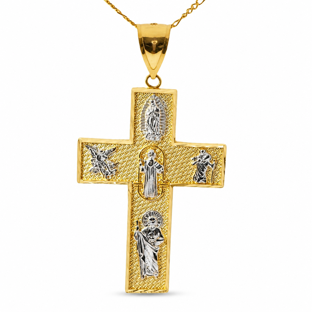 14KT Gold Charm Extra Large Two Tone Catholic Saints Cross with Virgin Mary, St Michael, St Charbel, St Christopher, and St Jude Center and Plain Bell