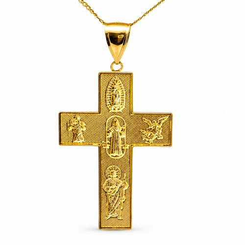 14KT Gold Charm Extra Large Two Tone Catholic Saints Cross with Virgin Mary, St Michael, St Charbel, St Christopher, and St Jude Center and Plain Bell