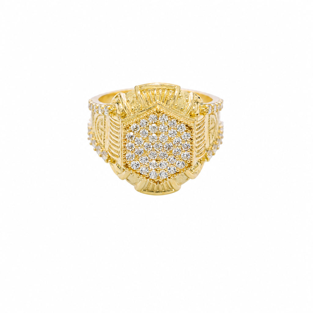 14KT Gold Ring Men's Hexagon White Round CZ Center Stone Design Beaded Print Raised Border Side Design Two Single Rows of Six White CZ Stones and Industrial Top/Lower Frame