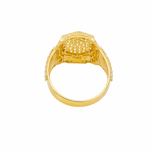 14KT Gold Ring Men's Hexagon White Round CZ Center Stone Design Beaded Print Raised Border Side Design Two Single Rows of Six White CZ Stones and Industrial Top/Lower Frame