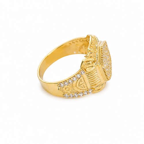 14KT Gold Ring Men's Hexagon White Round CZ Center Stone Design Beaded Print Raised Border Side Design Two Single Rows of Six White CZ Stones and Industrial Top/Lower Frame