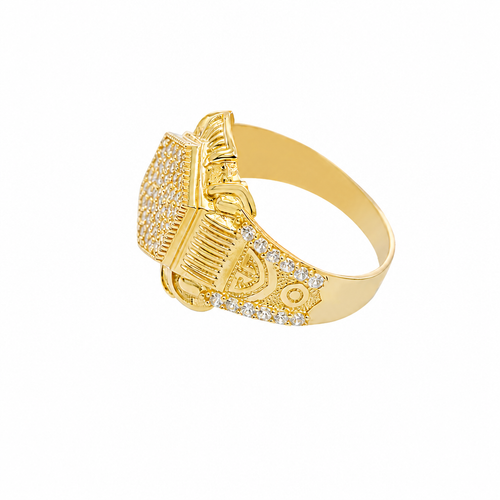 14KT Gold Ring Men's Hexagon White Round CZ Center Stone Design Beaded Print Raised Border Side Design Two Single Rows of Six White CZ Stones and Industrial Top/Lower Frame
