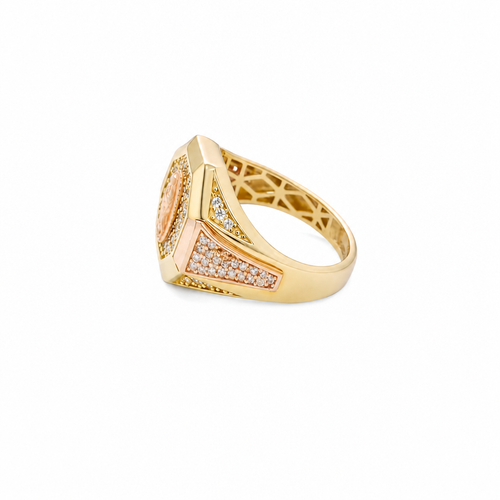 14KT Gold Ring Men's Octagon Two Tone Virgin Mary with White CZ Stones Background and Triple Row of White CZ Stones on Band
