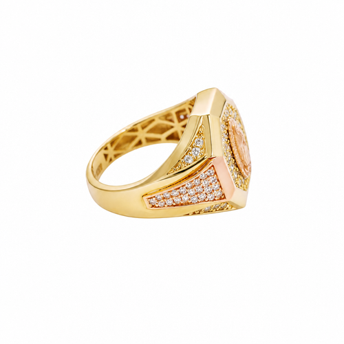 14KT Gold Ring Men's Octagon Two Tone Virgin Mary with White CZ Stones Background and Triple Row of White CZ Stones on Band