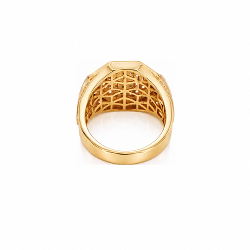 14KT Gold Ring Men's Octagon Two Tone Virgin Mary with White CZ Stones Background and Triple Row of White CZ Stones on Band