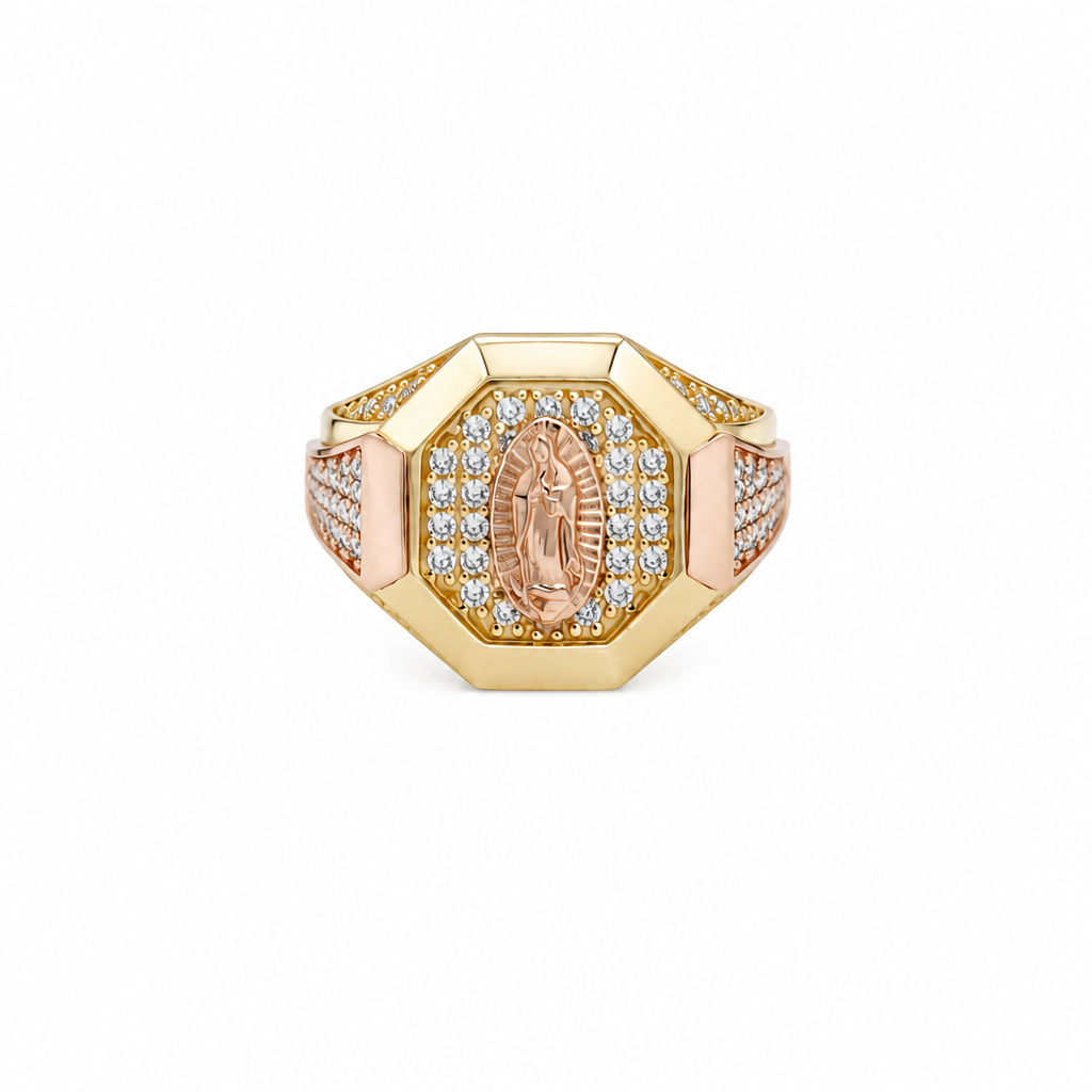 14KT Gold Ring Men's Octagon Two Tone Virgin Mary with White CZ Stones Background and Triple Row of White CZ Stones on Band