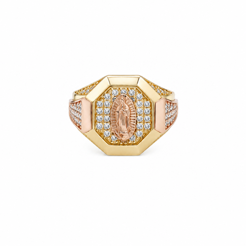14KT Gold Ring Men's Octagon Two Tone Virgin Mary with White CZ Stones Background and Triple Row of White CZ Stones on Band
