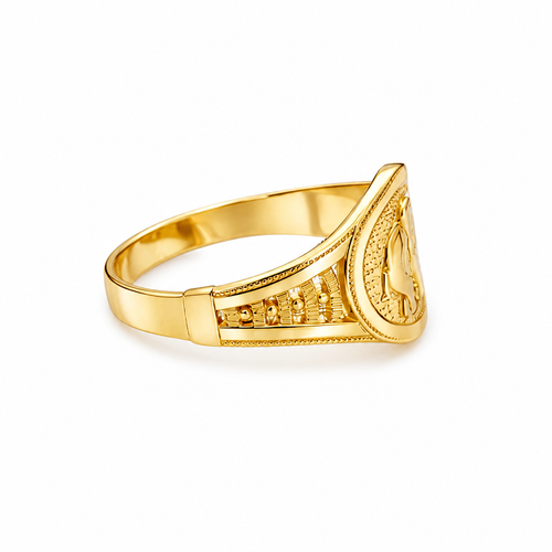 14KT Gold Ring Women's Embossed Oval Elephant Coin 5 Line Side Band