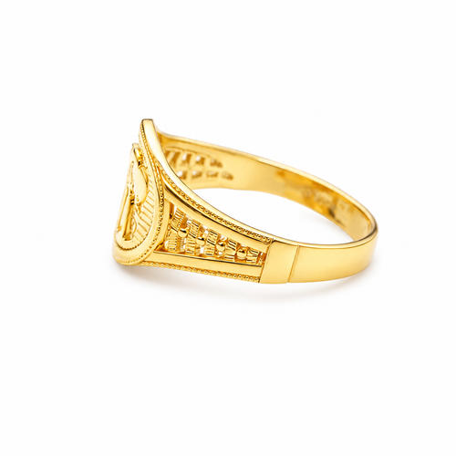 14KT Gold Ring Women's Embossed Oval Elephant Coin 5 Line Side Band