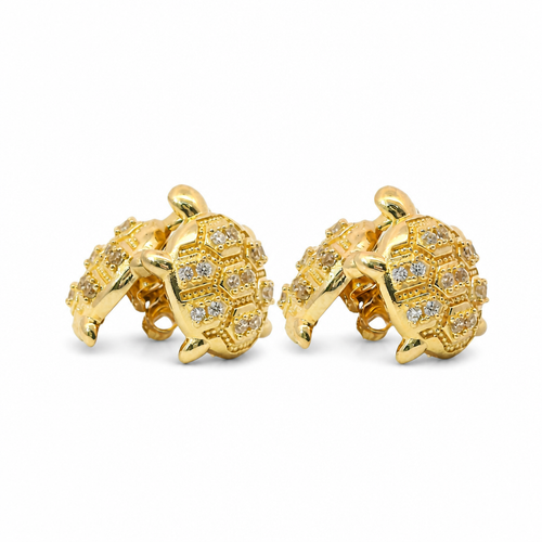 14KT Gold Earrings Small White CZ Stones Nugget Turtle with Push Back Post and Butterfly Backs