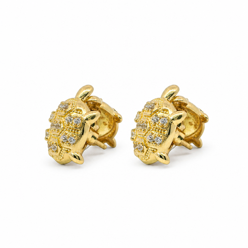 14KT Gold Earrings Small White CZ Stones Nugget Turtle with Push Back Post and Butterfly Backs