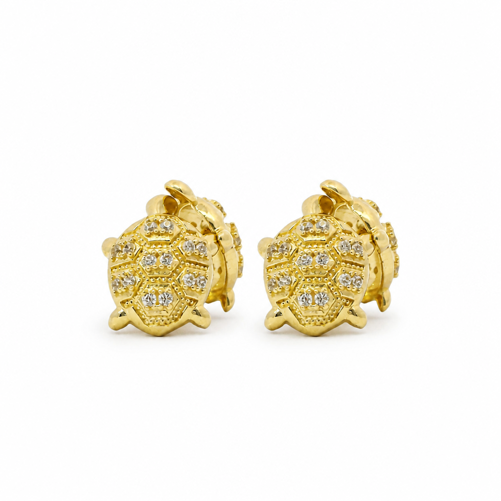 14KT Gold Earrings Small White CZ Stones Nugget Turtle with Push Back Post and Butterfly Backs