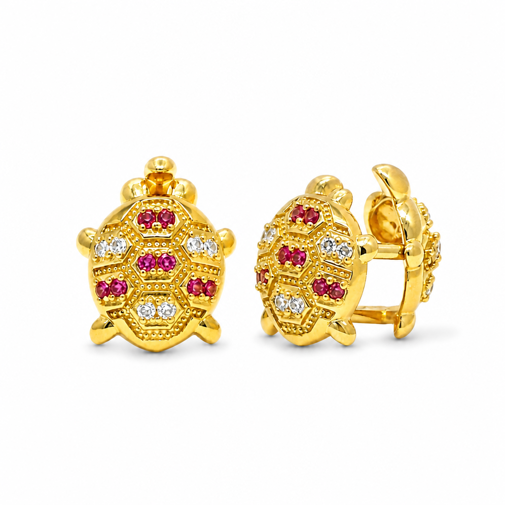 14KT Gold Earrings Small White CZ Stones Nugget Turtle with Push Back Post and Butterfly Backs