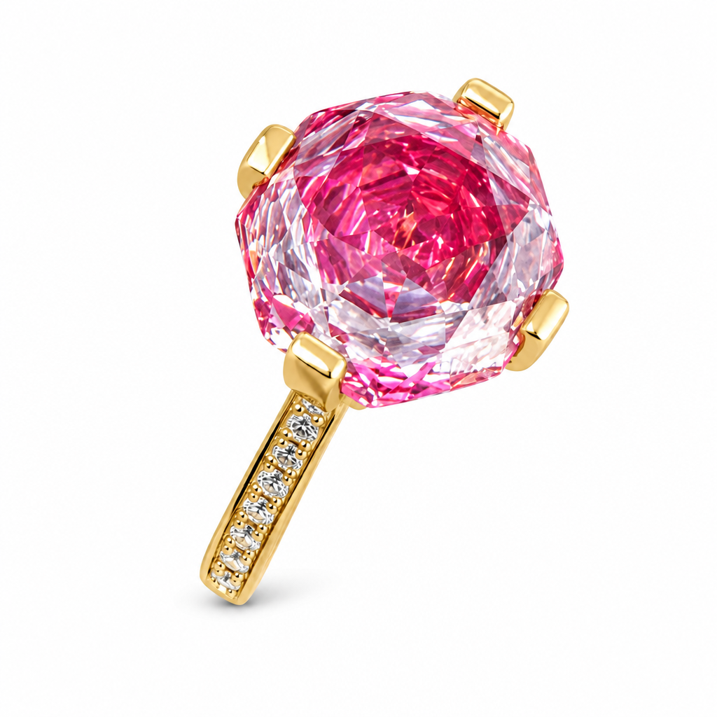 14KT Gold Women's Ring Octagon Rose Jumbo 4 Prong Dark Pink and White CZ Center Stone with Round White Pave CZ Stone Band
