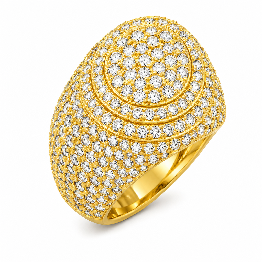 14KT Gold Ring Men's Round Domed Cluster Ring with Three Levels and White CZ Stones Band