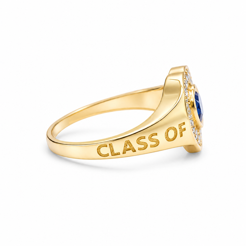 14KT Gold Ring Women's "Class of 2025" Navy Blue Center Heart CZ Stone White CZ Stones Border Plain Band