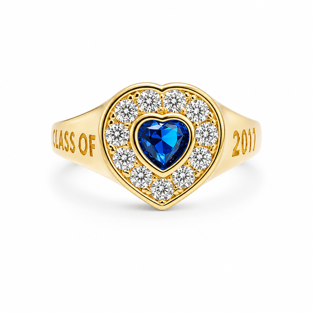 14KT Gold Ring Women's "Class of 2025" Navy Blue Center Heart CZ Stone White CZ Stones Border Plain Band